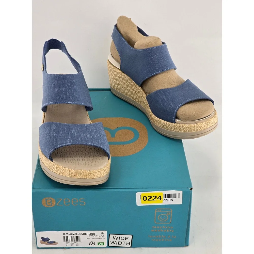 Bzees Reveal Wedge Sandals Womens 8.5W Blue Stretch Espadrille - NEW